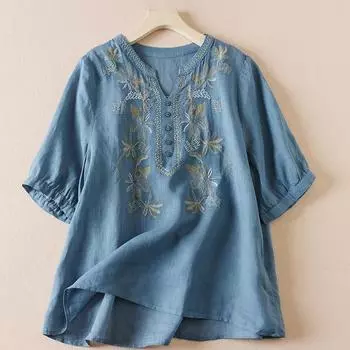 Летняя блузка из хлопка и льна с вышивкой в стиле ретро, свободный топ для женщин M фиолетовый