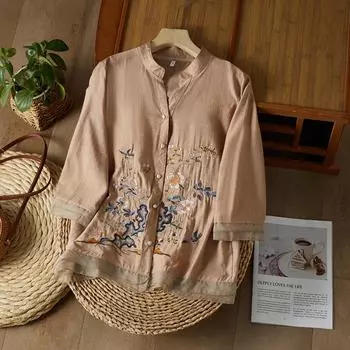 Летняя блузка из высококачественного хлопка и льна с вышивкой и застежкой на пуговицы-лягушки L