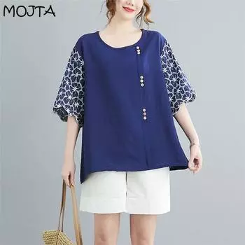 Летняя блузка MOJTA, женская рубашка большого размера с вышивкой, футболка с короткими рукавами one size чёрный