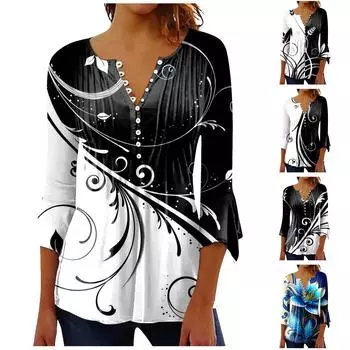 Летняя блузка на пуговицах Топ Повседневная рубашка с цветочным принтом и рукавом три четверти с V-образным вырезом L чёрный