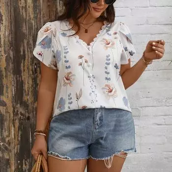 Летняя блузка размера плюс с v-образным вырезом, кружевная блузка с рукавами-лепестками, женская мода, винтажная повседневная рубашка с цветочным принтом и пуговицами, топы женские XL белый