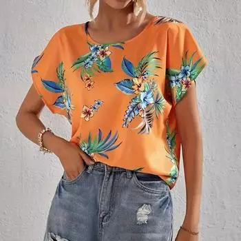 Летняя блузка с цветочным принтом и круглым вырезом, модная элегантная женская свободная с коротким рукавом женская повседневная рубашка, женские праздничные топы 667 S оранжевый