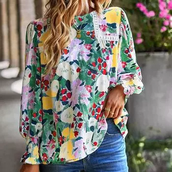 Летняя блузка с цветочным принтом и растениями, модные топы, весенняя рубашка с длинными рукавами и кружевной строчкой, женская одежда 24782 S зелёный