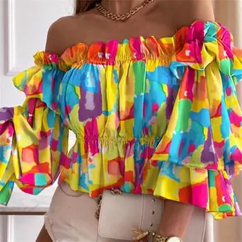 Летняя блузка с коротким рукавом и вырезом в горошек, женская блузка с цветочным принтом и оборками, укороченные топы S