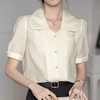 Летняя блузка с коротким рукавом, женские топы, офисные женские рубашки с воротником «Питер Пэн», блузка на пуговицах, элегантная женская одежда 28091 S розовый