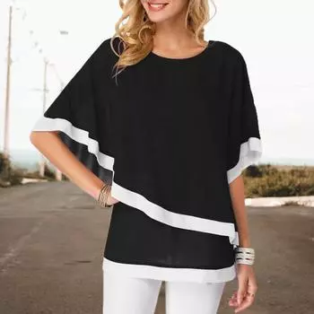 Летняя блузка с круглым вырезом и рукавами «летучая мышь», двухслойная лоскутная шифоновая рубашка нерегулярной формы, женская одежда XL темно-синий