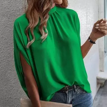 Летняя блузка с леопардовым принтом на шнуровке и короткими рукавами, элегантная свободная повседневная рубашка с воротником-стойкой, модные шикарные женские топы 25320 S зелёный