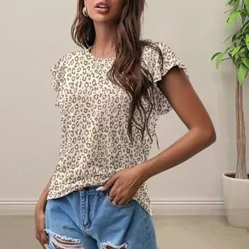 Летняя блузка с леопардовым принтом, женская повседневная женская футболка с рюшами и короткими рукавами, женские пуловеры, топы, летняя уличная одежда L хаки