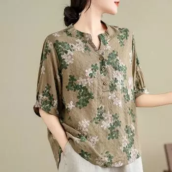 Летняя блузка с V-образным вырезом и пуговицами из хлопка и льна, винтажная шикарная повседневная рубашка с коротким рукавом, женские топы M