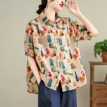 Летняя блузка с воротником-стойкой и винтажными повседневными рубашками с цветочным принтом, женские топы L