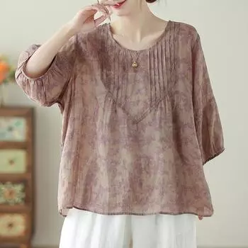 Летняя блузка в стиле ретро с круглым вырезом, свободная утягивающая рубашка для женщин M красный