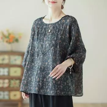 Летняя блузка в стиле ретро с круглым вырезом, свободная утягивающая рубашка для женщин M чёрный