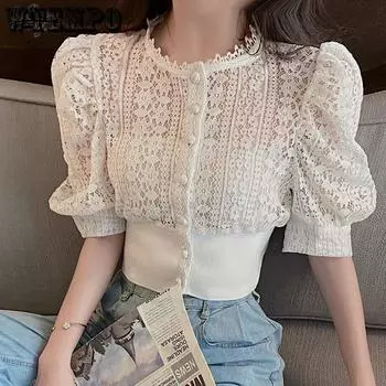 Летняя блузка женская корейская кружевная белая женская рубашка с коротким рукавом и пуговицами свободные рубашки однотонные женские топы S белый