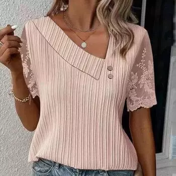 Летняя блузка женская с косым воротником элегантная повседневная кружевная рубашка с коротким рукавом женская вышивка элегантные свободные топы повседневная рубашка 28326 S синий