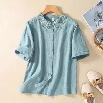 Летняя блузка женская вышивка цветок рубашка с воротником «Питер» женские сине-белые топы на пуговицах с короткими рукавами S белый
