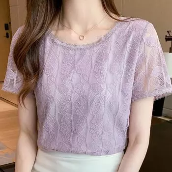 Летняя блузка, женские топы, кружевная блузка с коротким рукавом и круглым вырезом, рубашка J198 S