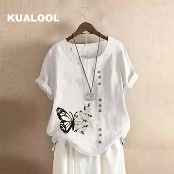 Летняя большая повседневная рубашка в стиле ретро с узором бабочки, свободный пуловер из хлопка и льна с короткими рукавами, футболка из хлопка и льна, женская одежда большого размера S зелёный