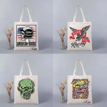 Летняя большая сумка с принтом имени на заказ, сумка для покупок с принтом черепа, женская парусиновая сумка, сумка-шопер, эко-женская женская сумка в стиле Харадзюку на плечо для девочек 24*26cm