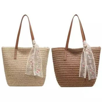 Летняя большая вместительная сумка-тоут, женская тканая сумка на плечо, тканая сумка ручной работы с лентой, богемные винтажные соломенные пляжные сумки хаки