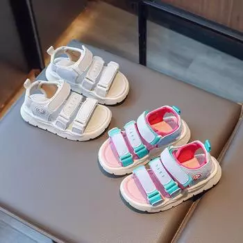 Летняя брендовая детская пляжная обувь, новые повседневные туфли на липучках для девочек, корейская версия, сандалии для мальчиков 26 бежевый