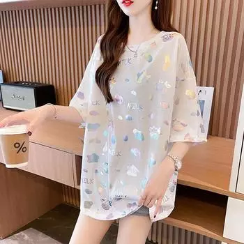 Летняя бронзовая красочная футболка с короткими рукавами, женская повседневная футболка с круглым вырезом, средней длины, женская одежда больших размеров XXL белый