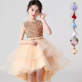 Летняя цельная юбка со шлейфом без рукавов для девочек, расшитая пайетками, юбка-платье принцессы средней длины для выступлений на пианино 110 бежевый