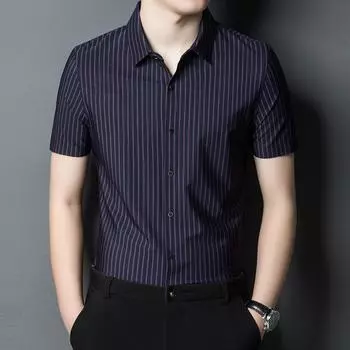 Летняя деловая повседневная мужская рубашка среднего возраста, красивая свободная мужская рубашка в вертикальную полоску с коротким рукавом S
