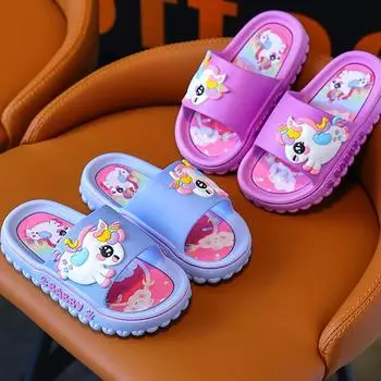 Летняя детская домашняя обувь, шлепанцы, тапочки для маленьких девочек, детские шлепанцы с нескользящей подошвой для ванной комнаты с рисунком единорога, 4–10 лет 26-27 синий