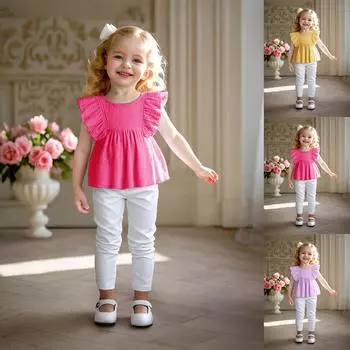 Летняя детская футболка, милый пуловер, однотонный, для девочек, милая, маленькая, с рукавами-крылышками, повседневная рубашка 100