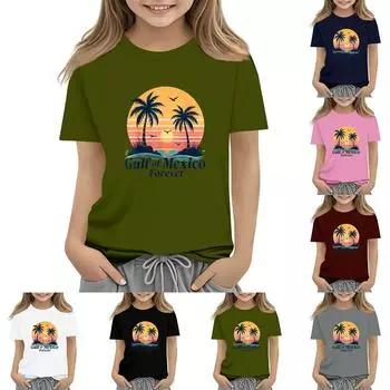 Летняя детская футболка с короткими рукавами и принтом залива, с круглым вырезом, модная 110