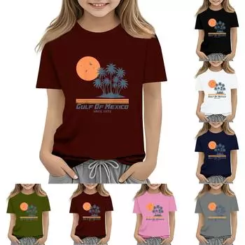 Летняя детская футболка с короткими рукавами и принтом залива, с круглым вырезом, модная 110
