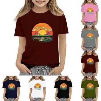 Летняя детская футболка с короткими рукавами и принтом залива, с круглым вырезом, модная 100 чёрный