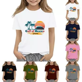 Летняя детская футболка с короткими рукавами и принтом залива, с круглым вырезом, модная 140 розовый