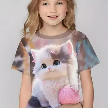 Летняя детская футболка с милым 3D принтом кота, модный дышащий топ, высокое качество, подарок на день рождения с короткими рукавами 100