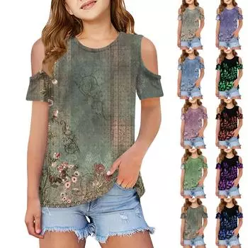 Летняя детская футболка с открытыми плечами и воротником с цветочным принтом 100 синий