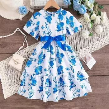 Летняя детская мода милое платье принцессы с оборками платье для девочек с цветочным принтом 130cm озеро синий