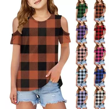 Летняя детская модная футболка с открытыми плечами и круглым вырезом в клетку 100 чёрный