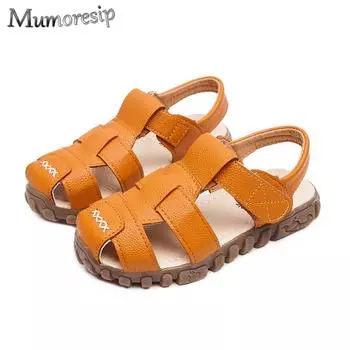 Летняя детская обувь с закрытым носком для малышей, сандалии для мальчиков, кожаные с вырезами, дышащие, пляжные sandalia infantil, детские сандалии, комфорт 21 чёрный