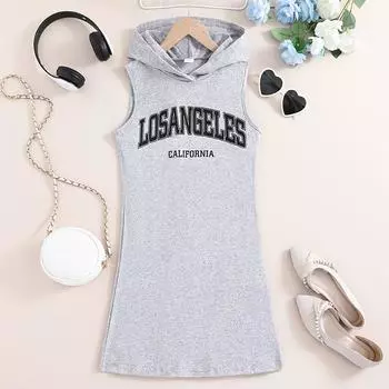 Летняя детская одежда 2024 года, платье-свитер без рукавов с капюшоном и принтом для девочек, повседневные спортивные платья для девочек 11-12Y серый