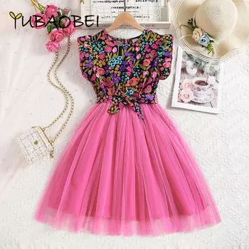 Летняя детская одежда 2024 года, сетчатая юбка-пачка принцессы для девочек, розово-красное платье, марлевые платья с цветочным принтом для подростков 9Y розы красного