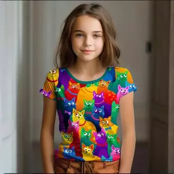 Летняя детская одежда для девочек, футболка с коротким рукавом с мультяшным котом, детская одежда, детское искусство, дудлинг, повседневная футболка с круглым вырезом, детский топ 100