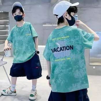 Летняя детская одежда для мальчиков и девочек, модная футболка в американском стиле с рисунком маленького медвежонка, топы с короткими рукавами, детские футболки с круглым вырезом 170