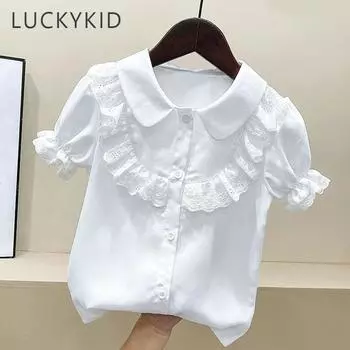 Летняя детская одежда, милые кружевные повседневные топы с короткими рукавами, блузка для детей, модные однотонные рубашки с отложным воротником для девочек 110 белый