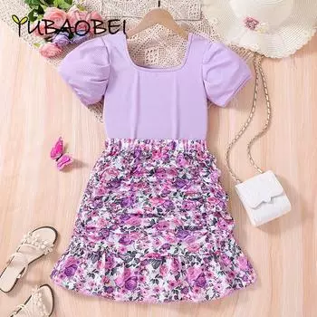 Летняя детская одежда, одежда для девочек, фиолетовые комплекты топов с короткими рукавами и юбки с цветочным принтом для костюмов для девочек 8, 9, 10, 11, 12 лет 10Y фиолетовый