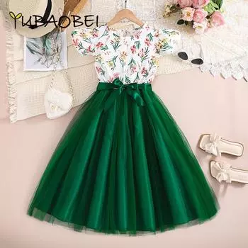 Летняя детская одежда, одежда для девочек, сетчатое длинное платье принцессы, модные повседневные пляжные платья с цветочным принтом для девочек 8, 9, 10, 11, 12 лет 8Y красный