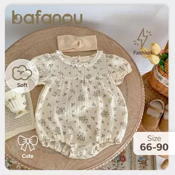 Летняя детская одежда с короткими рукавами для девочек, хлопковый комбинезон для новорожденных с цветочным принтом, bafanou 22294 66cm(3-6M)