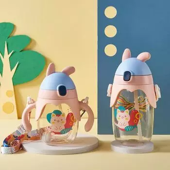 Летняя детская пластиковая чашка с рисунком из мультфильма, 350 мл, с соломенной откидной чашкой для воды и ручкой, чашка для питья для детского сада 350ML розовый