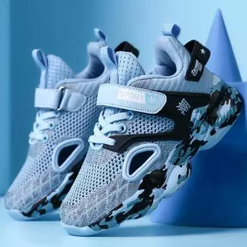 Летняя детская сетчатая дышащая супер легкая волшебная камуфляжная модная спортивная обувь для детей 28 чёрный/зелёный