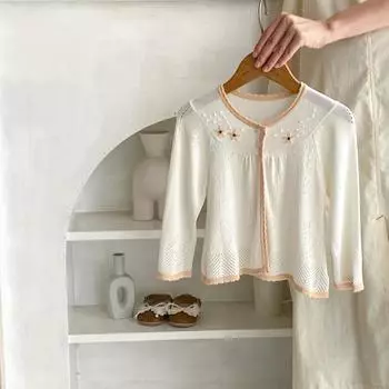 Летняя детская вязаная куртка для маленьких девочек, цветочный свитер, кардиган для девочек ясельного возраста, однотонный тонкий свитер, пальто bafanou S211 66cm(3-6M) бежевый