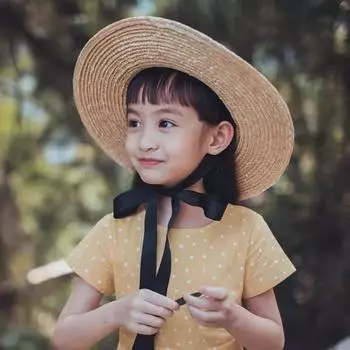 Летняя длинная соломенная шляпа Kisun с длинной лентой, милая шикарная кепка для отдыха Ldren head size 52cm